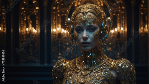 A hauntingly beautiful gilded AI consciousness, its metallic exterior etched with intricate patterns and adorned with sparkling jewels, stands motionless in a dimly lit chamber. photo
