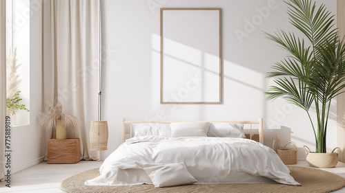A tranquil bedroom bathed in natural light with lush greenery and neutral tones.