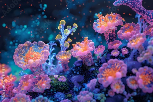A close-up of a vibrant coral reef teeming with life. Staghorn coral branches reach out in the clear water, surrounded by colorful fish of all shapes and sizes.