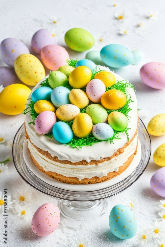 Easter cake or sweet bread decorated with white icing, red coloured Paschal eggs dyed, spring flowers, table and window background. Easter holiday decorations and symbols: bird and bunny. Easter cake or sweet bread decorated with white icing, red coloured Paschal eggs dyed, spring flowers, table and window background. Easter holiday decorations and symbols: bird and bunny.