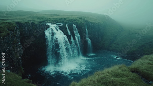 A cascading waterfall transforms into a veil of mist  capturing the ethereal beauty of nature s force and creating an atmospheric scene of tranquility and power