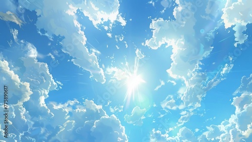 Blue sky with dramatic cloud formations - Bright sunrays burst through dynamic cloud formations against a brilliant blue sky, invoking inspiration