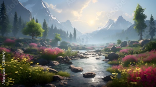 Panoramic view of a mountain river with pink flowers and trees