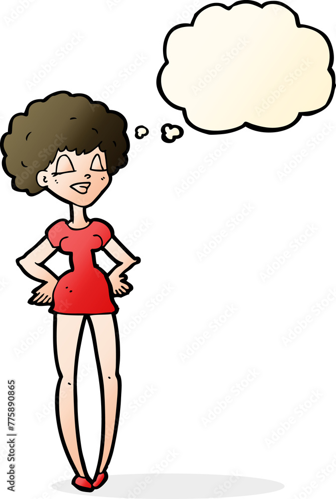 cartoon happy woman with hands on hips with thought bubble cartoon happy woman with hands on hips with thought bubble