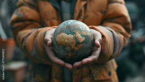 Person holding a vintage globe outdoors - In a serene outdoor setting, a person's hands carefully hold a vintage world globe, conveying a sense of exploration and nostalgia