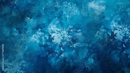 Textured blue palette knife painting close-up - The image is a close-up of a textured abstract painting, with strokes of various blue tones applied with a palette knife