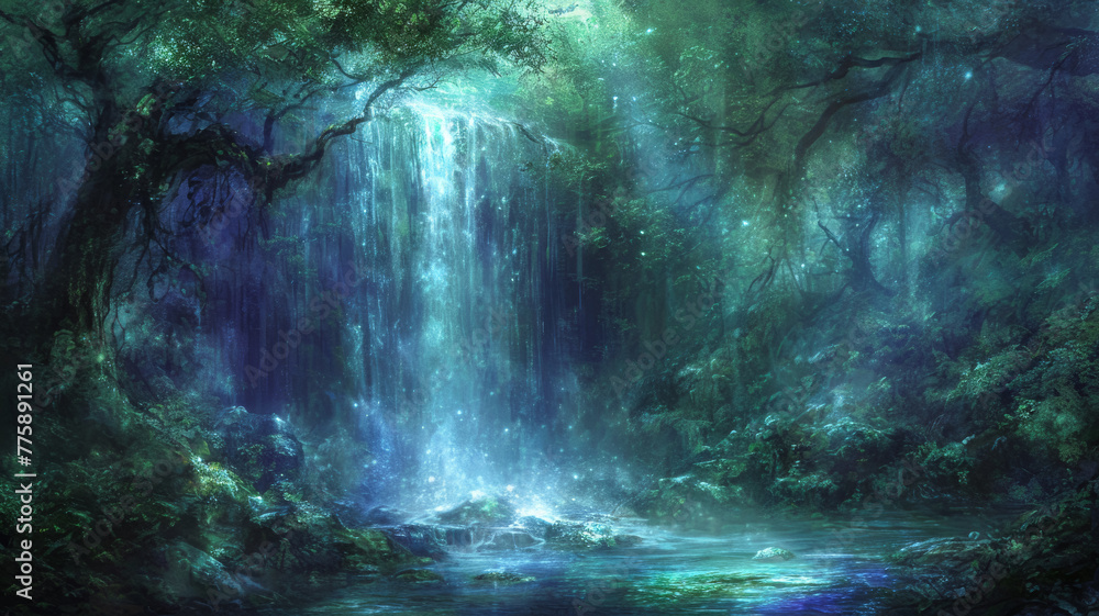 A cascading waterfall transforms into a veil of mist, capturing the ethereal beauty of nature's force and creating an atmospheric scene of tranquility and power