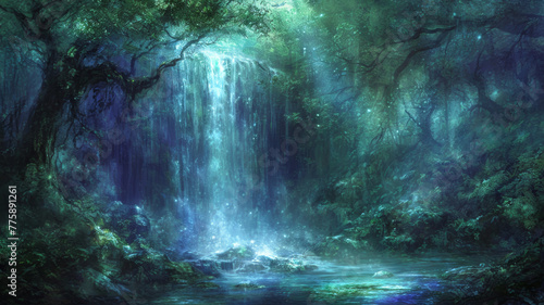 A cascading waterfall transforms into a veil of mist, capturing the ethereal beauty of nature's force and creating an atmospheric scene of tranquility and power
