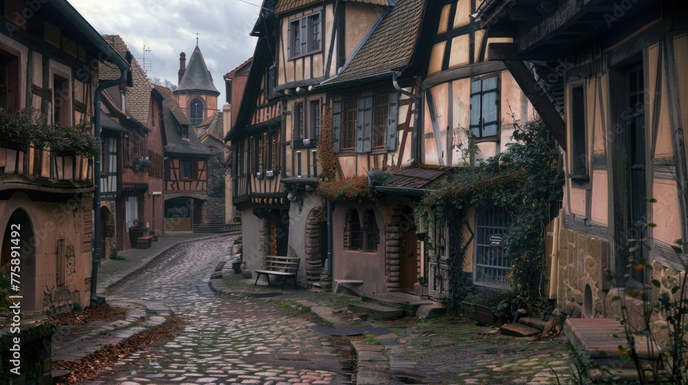 A picturesque cobblestone street with charming old buildings, perfect for historical or travel-themed designs