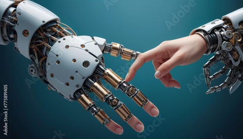 Conceptual image of a human hand reaching towards a robotic hand, symbolizing the fusion of humanity with technology