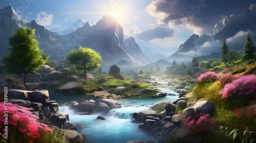 Panoramic view of beautiful spring landscape with mountain river and pink flowers