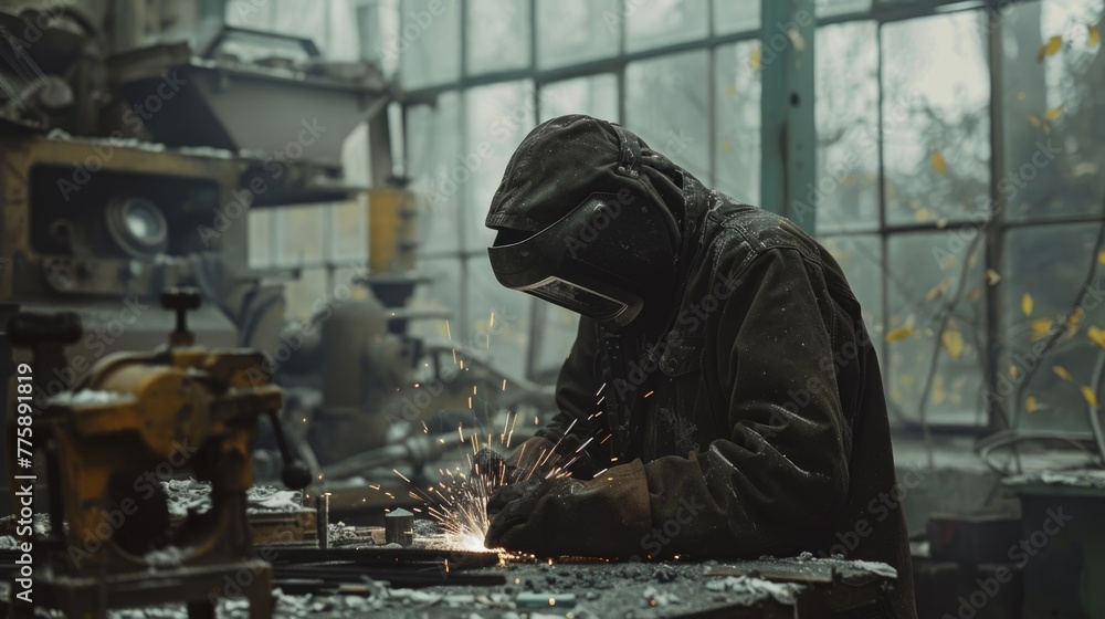 A welder in a protective helmet and equipment is welding and grinding at his workplace in the workshop. A welder in a protective helmet and equipment is welding and grinding at his workplace in the workshop.