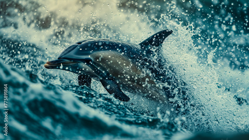 A splash of water explodes from a playful dolphin s leap  freezing the exuberant moment in time  showcasing the dynamic energy and grace of marine life