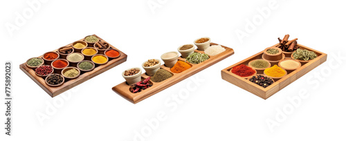 Set of different spicies and herb for cooking on wooden cup isolated on transparent background.