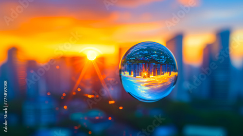 A close-up of a water droplet on a window pane refracts the world outside, distorting and amplifying the urban landscape into an abstract, ethereal mosaic
