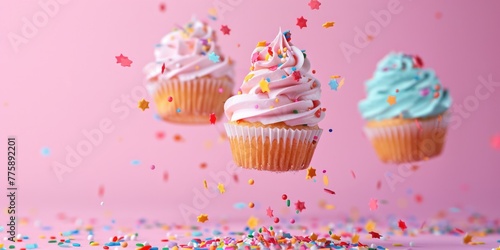 Three delicious cupcakes on a pink background  perfect for bakery or dessert concepts