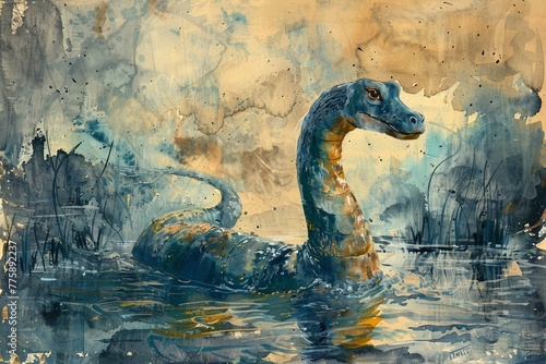 Loch Ness Monster, captured in bright vintage watercolor, vibrant and rich in mythical allure photo