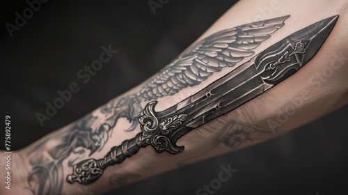 A man showing off his arm tattoo with a sword design. Ideal for tattoo parlors or military-themed designs