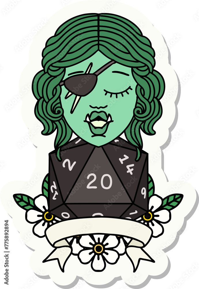 sticker of a half orc rogue character with natural twenty dice roll sticker of a half orc rogue character with natural twenty dice roll