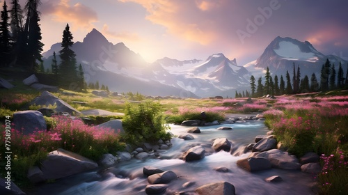 Mountain panoramic landscape with a mountain river and pink flowers