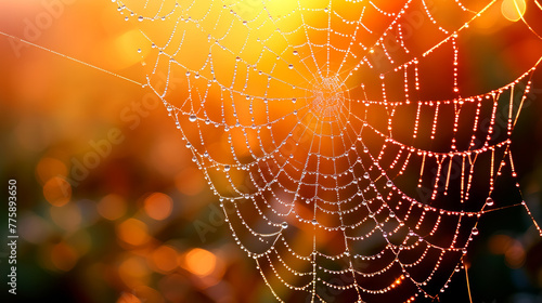Raindrops bead on a spider's web, refracting the soft glow of morning light, transforming the intricate silk threads into a celestial tapestry of liquid jewels
