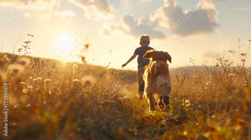 Childhood Joy, A child and their dog revel in play amidst a sunlit field.