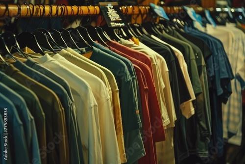 A bunch of shirts hanging on a rack. Ideal for clothing store promotions