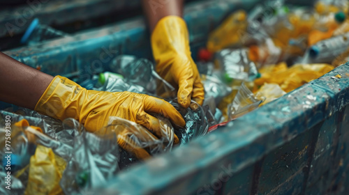 Environmental Action, Hands in gloves sorting recyclables to emphasize eco-responsibility