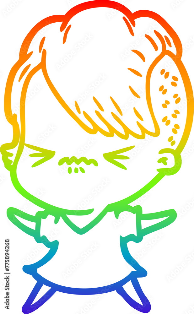 rainbow gradient line drawing of a cartoon annoyed hipster girl rainbow gradient line drawing of a cartoon annoyed hipster girl
