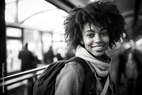 Young black afro american woman standing on the platform of a train station with backpack. Public transport. photo