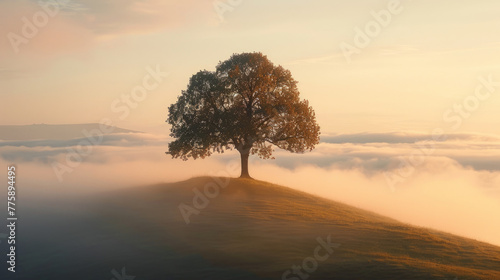 Landscape Photography, A solitary tree stands atop a mist-covered hill at sunrise. © ChubbyCat