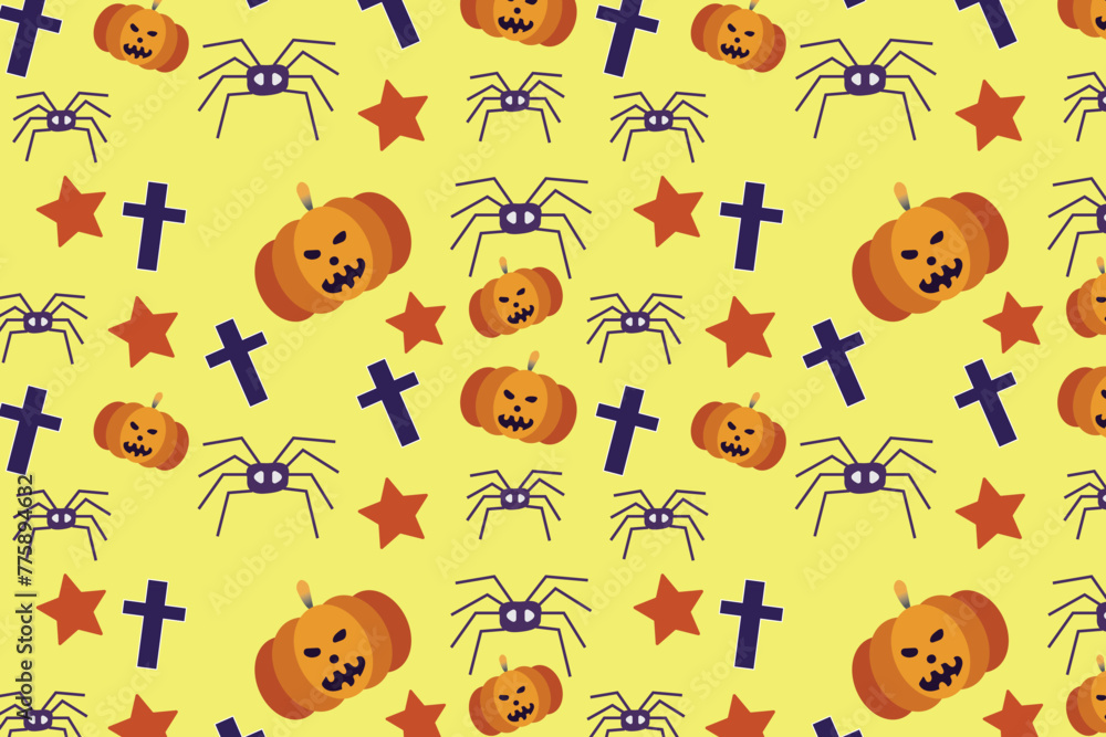 Naklejka premium Seamless texture Halloween in cartoon style. Pumpkin, Skull, chocolate, Spider, Bat. flat vector illustration. 