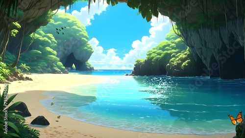 beach with greenery and cave entrance, white sand, sea water with tropical island. Seamless looping 4k time-lapse video animation background  photo