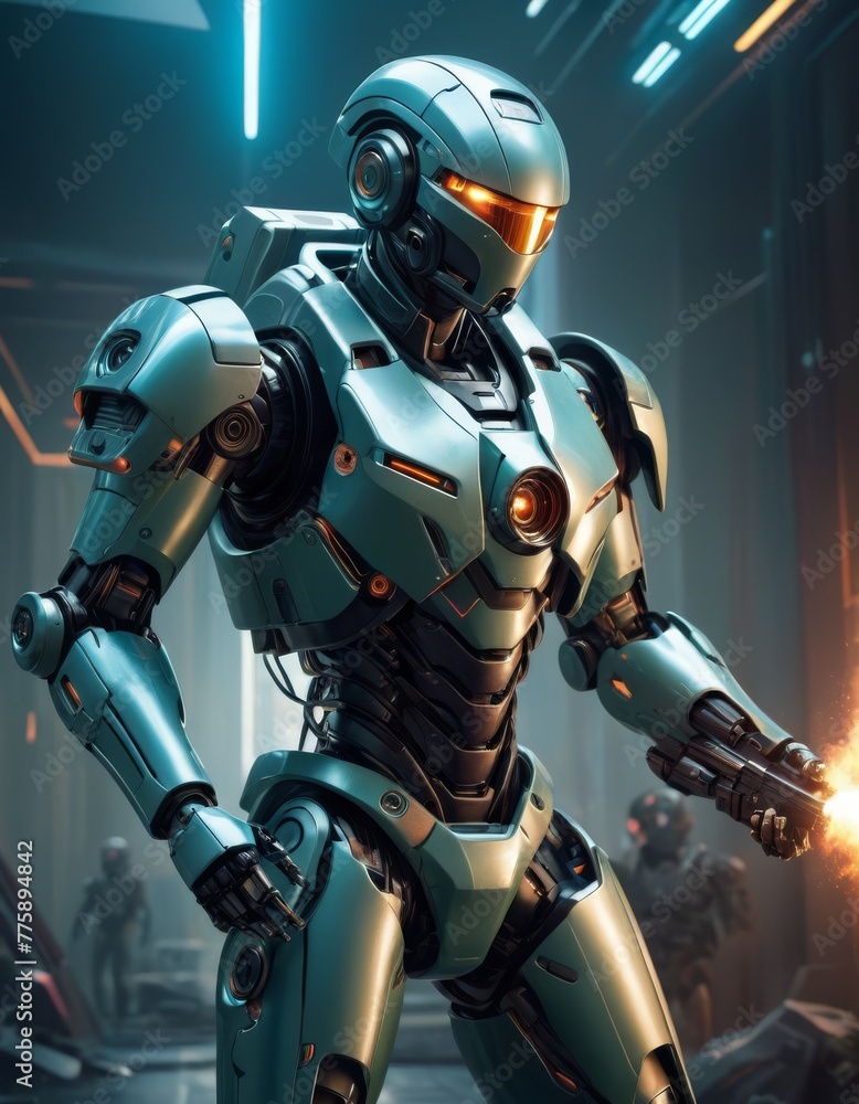 A high-tech combat robot with a humanoid form, depicted in mid-battle within a futuristic facility, showcasing advanced technology.