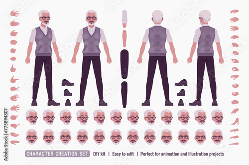 Retired old active senior man, classic outfit DIY character creation set. Elderly grandfather body figure parts. Head, leg, hand gestures, different emotions, construction kit. Vector illustration © andrew_rybalko