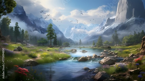 Panoramic view of a mountain river in the forest. Beautiful summer landscape.