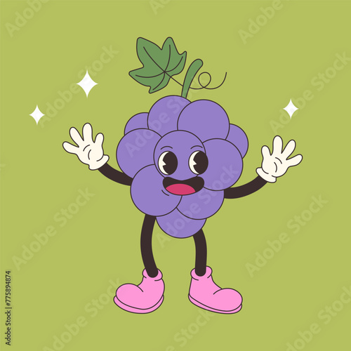 Funny cartoon grape. Hand draw Funny Retro vintage trendy style grape cartoon character illustration. Doodle Comic collection	
