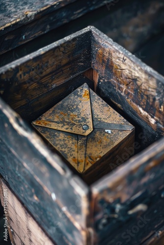 A wooden box with an open envelope inside. Ideal for business or communication concepts