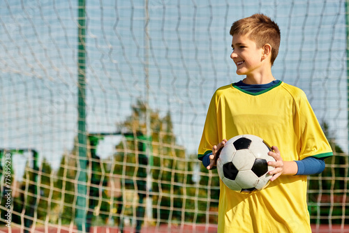 A young boy stands confidently in front of a goal, soccer ball in hand, envisioning his victory. His gaze is fixed on the net, determination in his eyes. © LIGHTFIELD STUDIOS