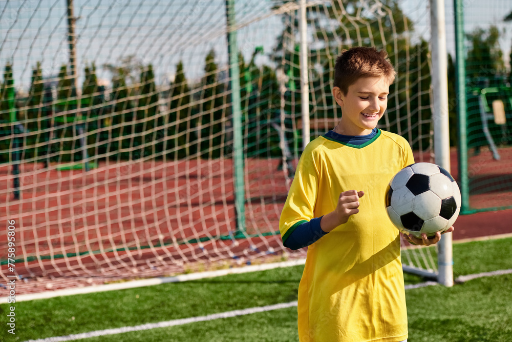 A talented boy donning a bright yellow soccer uniform confidently holds a soccer ball, exuding passion and determination as he prepares for a game. A talented boy donning a bright yellow soccer uniform confidently holds a soccer ball, exuding passion and determination as he prepares for a game.