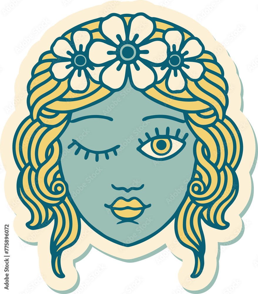 sticker of tattoo in traditional style of a maidens face winking