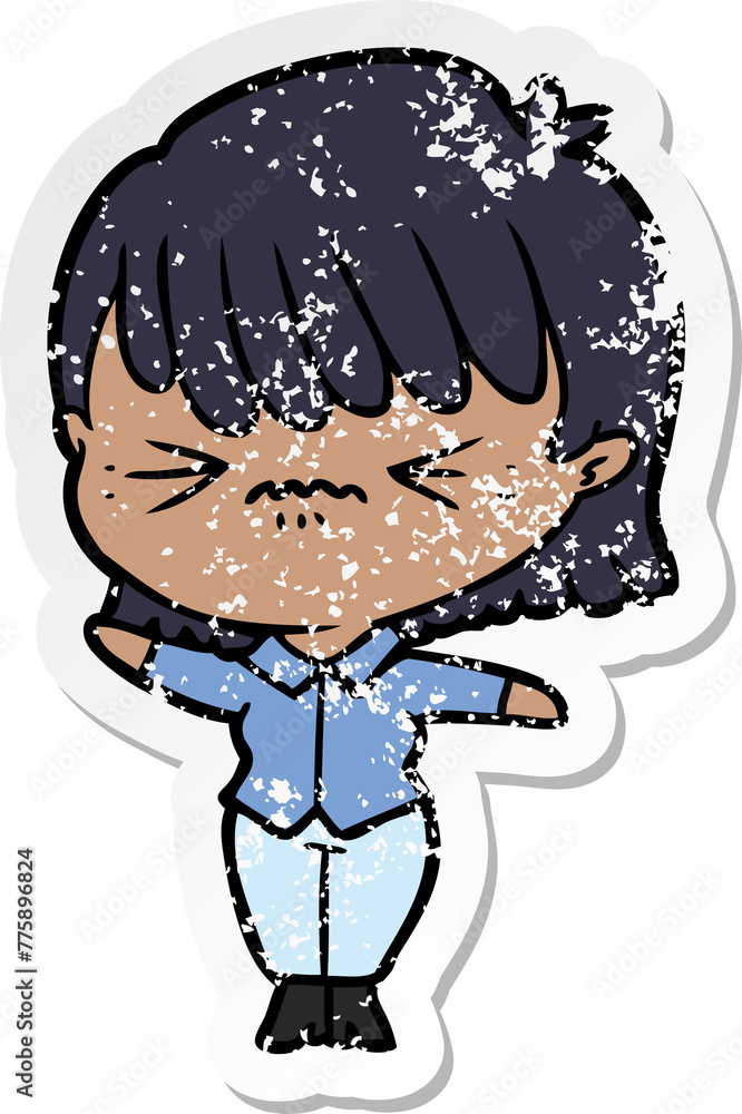 distressed sticker of a annoyed cartoon girl distressed sticker of a annoyed cartoon girl