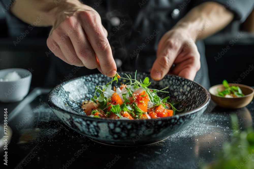 Chef crafting a vegan haute cuisine dish with fresh ingredients Chef crafting a vegan haute cuisine dish with fresh ingredients