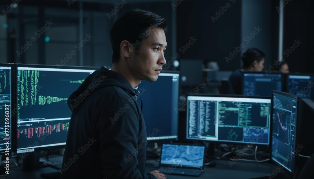 Young Asian Programmer Coding on Laptop in Dimly Lit Room, Unveiling the World of Hacking, Exploring Cybercrime and Technology
