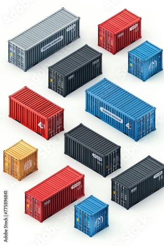 A group of different colored shipping containers. Suitable for industrial and transportation concepts