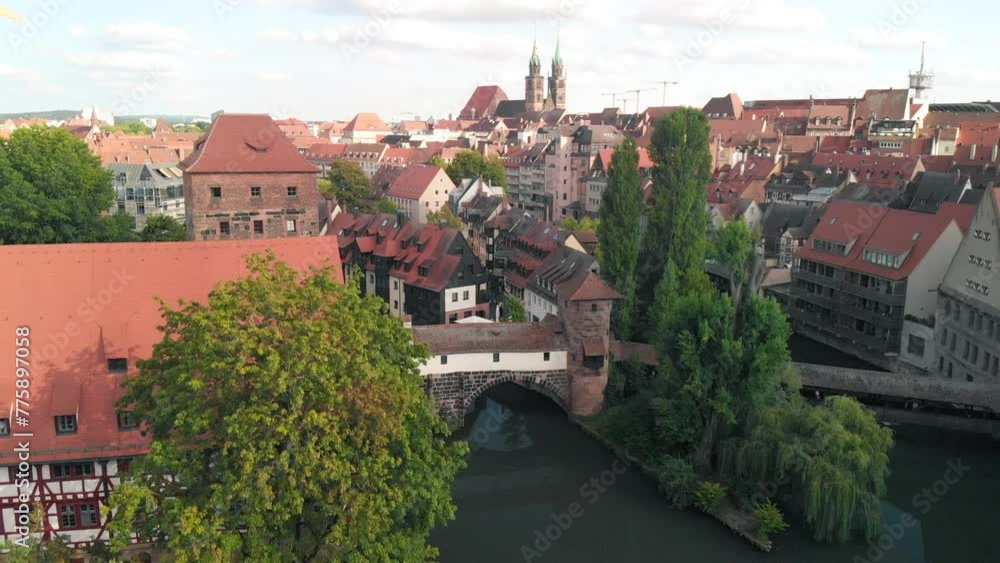 Nuremberg, Germany. Aerial view of city medieval skyline along the river from drone