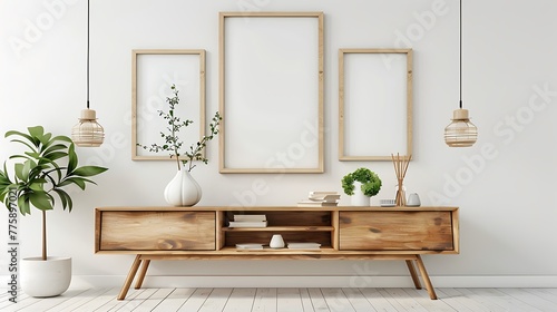 Three blank photo frame for mockup and sideboard in living room