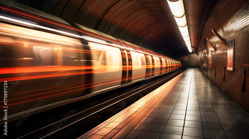 Tube station passing by at speed forming light trails from long exposure. Metro train passing station in fast movement, Transportation concept Tube station passing by at speed forming light trails from long exposure. Metro train passing station in fast movement, Transportation concept
