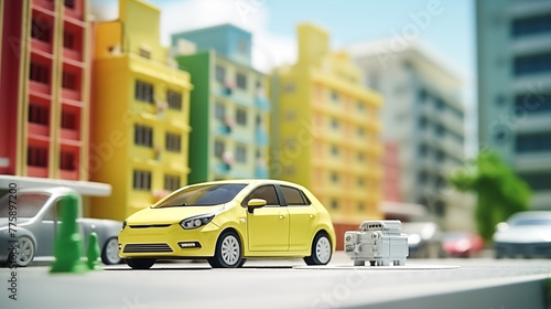 Miniature model downtown buildings and cars is depicted in a modern. House neighborhood, Mini street, Car toy
