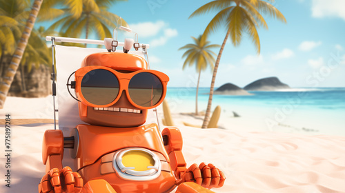 Robot with artificial intelligence on beach in a sun glasses enjoy holidays on the beach
